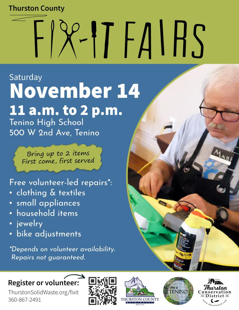 A blue and green flyer for the November 14 Fix-it Fair in Tenino, featuring a man in an apron and glasses repairing an item.
