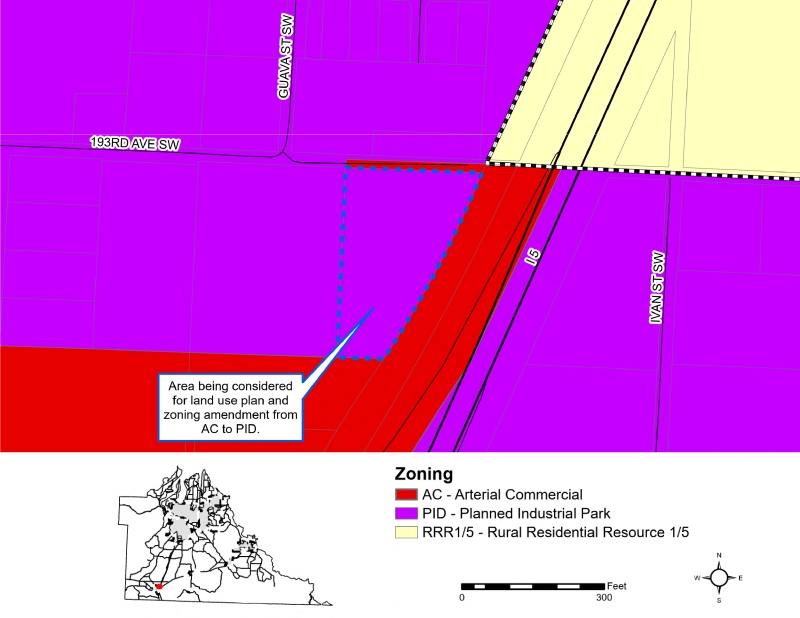 Thurston County zoning map for the 5831 SW 193rd Ave Rezone Proposal Amendment. A blue dashed box outlines a 4.9-acre parcel near Interstate 5 and 193rd Ave SW. A callout states the area is considered for amendment from Arterial Commercial (AC) to Planned Industrial Park (PID). Legend indicates surrounding zones: Red for AC, Purple for PID, and Yellow for Rural Residential Resource.