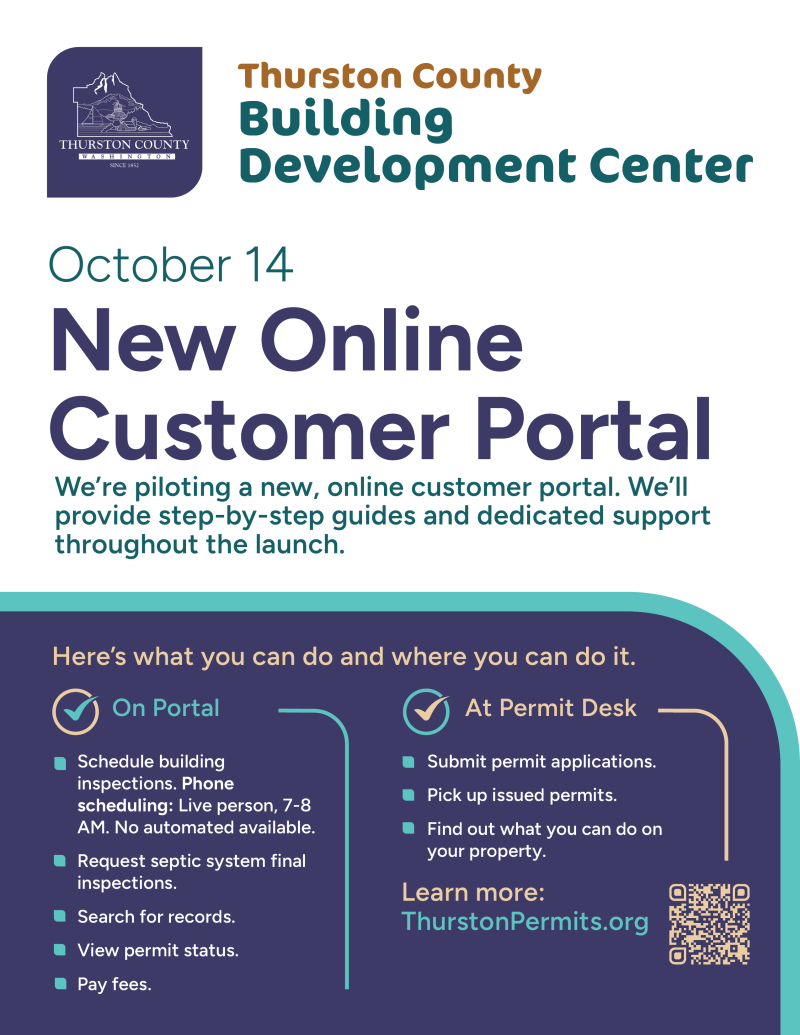 Link opens PDF flyer. Thurston County Building Development Center flyer announcing new online customer portal launching October 14. Lists services available on portal versus at permit desk, with link to ThurstonPermits.org and QR code. 