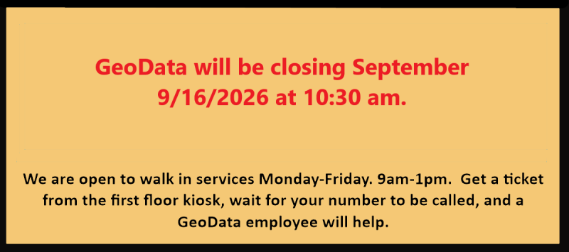 GeoData home page alert.  GeoData will be closed September16th at 10:30 am.