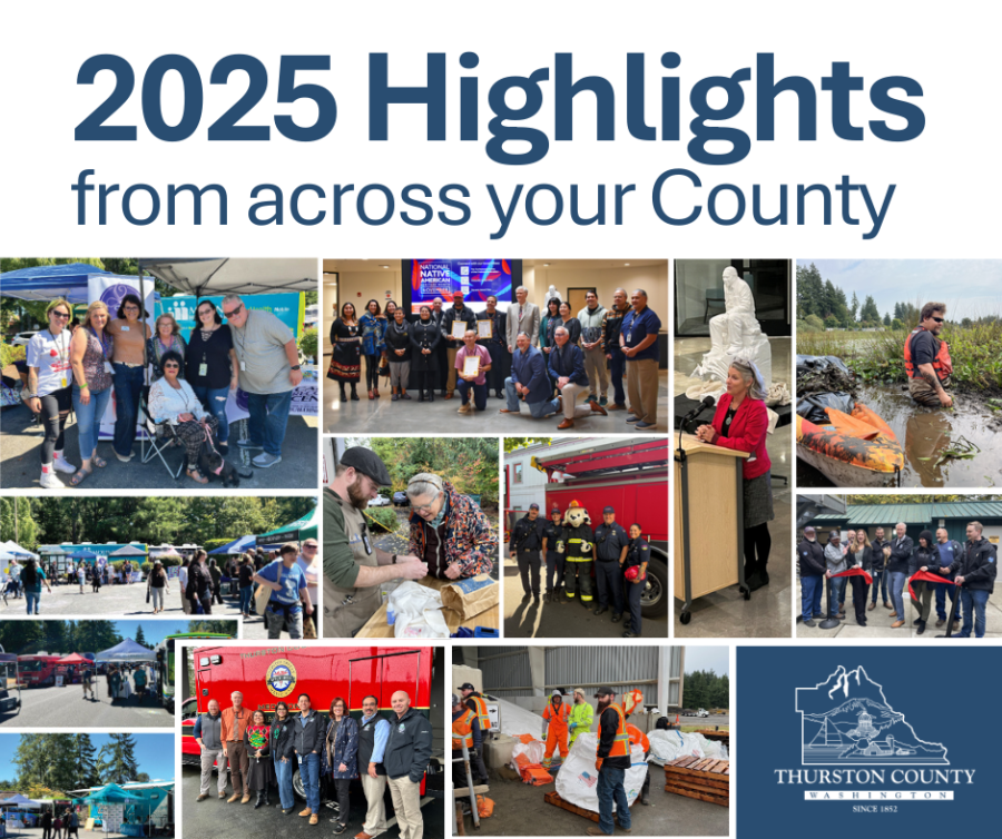 Collage of photos of county employees and community members at meetings, outdoor events, and at work.