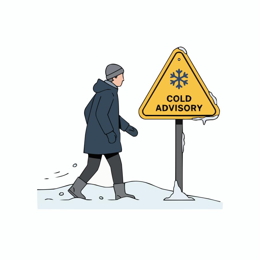 cartoon image of man in a coat and hat walking next to a sign that reads: Cold Advisory