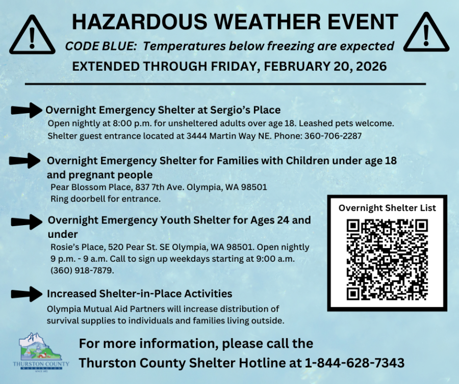 Notice of hazardous weather with temperatures below freezing through February 20, 2026, listing overnight emergency shelters in Olympia, WA for adults, families, and youth.