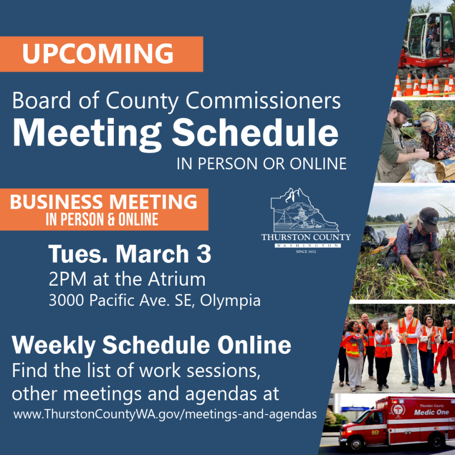 dark blue flyer with five very small photos of county staff in orange vests working in the community and the March 3 meeting time of 2 pm at the atrium