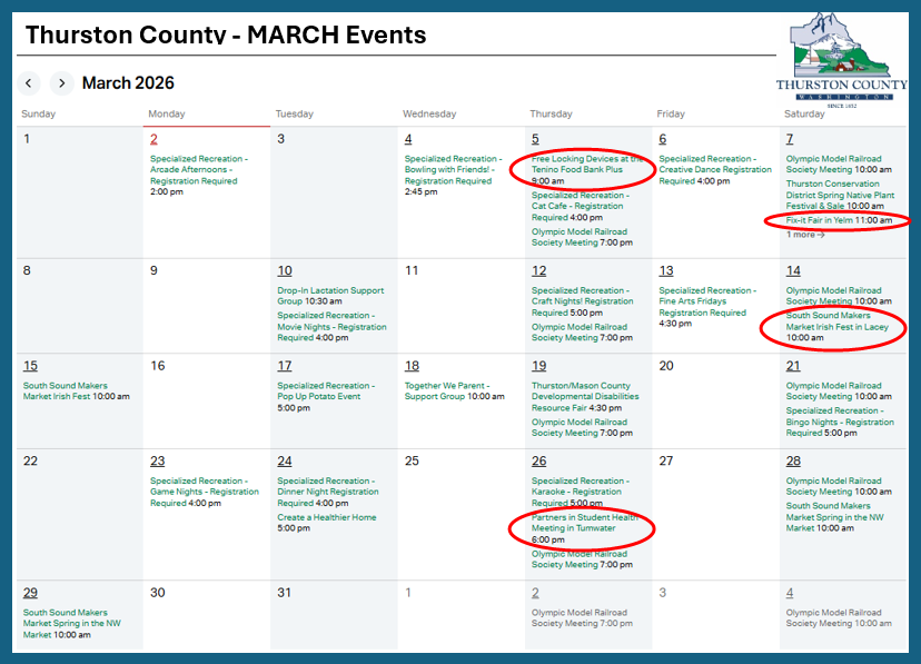 a screenshot of thurston county's March events calendar with the current listings as of March 2