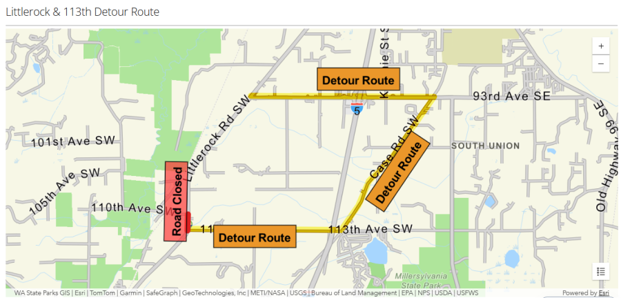 A map showing the detour at Case Rd SW and 93rd Ave SW around the intersection of Littlerock Rd SW and 113th Ave SW