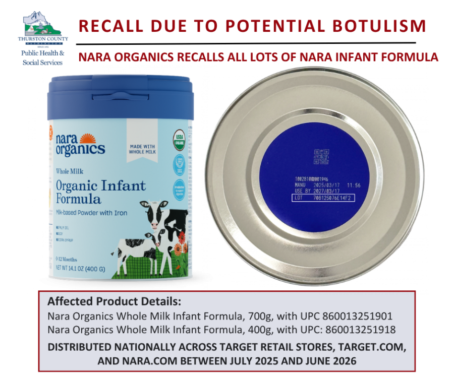 photo of a can of Nara powdered infant formula and details about the product recall due to botulism