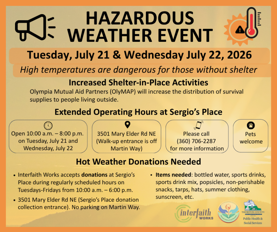 a flyer announcing a hot weather advisory in thurston county WA for July 21 & 22