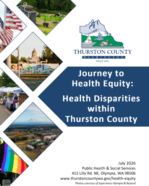 cover of the 2026 health equity report with inset photos of us flag, pride flag, wa state capitol building and a farm photo