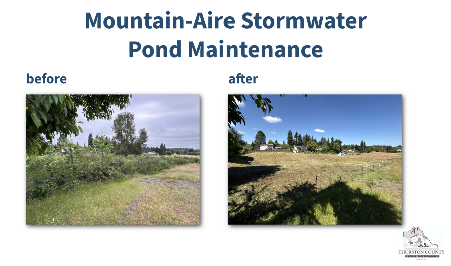 A graphic that reads, "Mountain Aire Stormwater Pond Maintenance, before, after. Two images are displayed on the page showing a stormwater pond before and after maintenance. The before photo shows small trees, shrubs, and blackberry bushes. The after image shows a freshly mowed pond, free of large vegetation or brush.