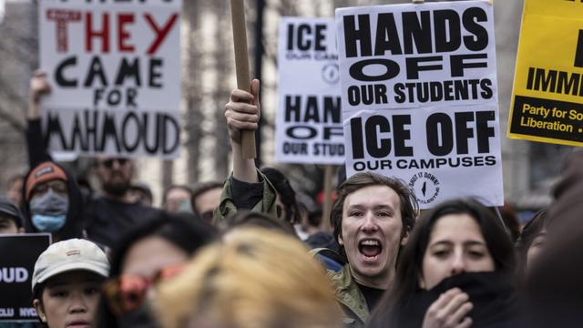 A people gathered in Foley Square, outside the Manhattan federal court, in support of Mahmoud Khalil, Wednesday, March 12, 2025, in New York. (AP Photo/Stefan Jeremiah)