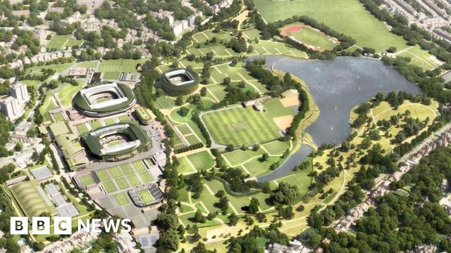 CGI image of a renovated Wimbledon Park, with stadiums, tennis courts, a park and lake. There are houses in the surrounding areas.