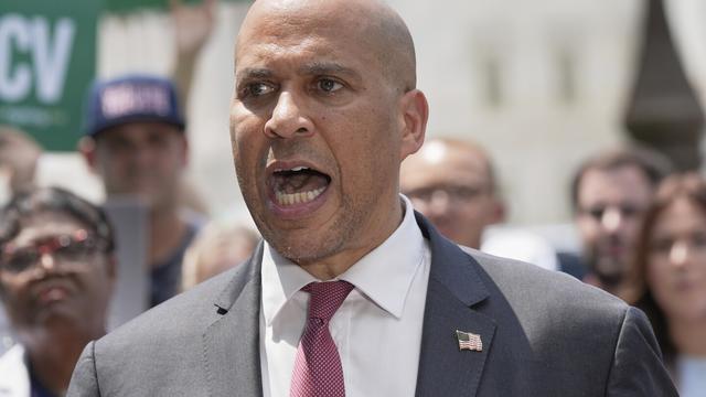 Sen. Cory Booker, D-N.J., speaks during a news conference on the Voting Rights Advancement Act, on Capitol Hill, Tuesday, July 29, 2025, in Washington. (AP Photo/Mariam Zuhaib)