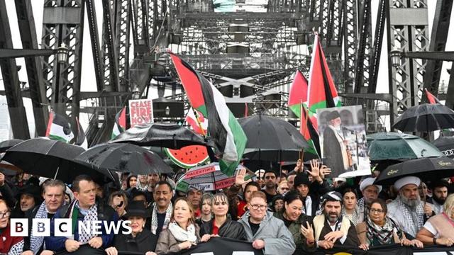 Hundreds of protesters gather under the arches of the Sydney Harbour Bridge, wearing raincoats and holding red, green, black and white flags.
