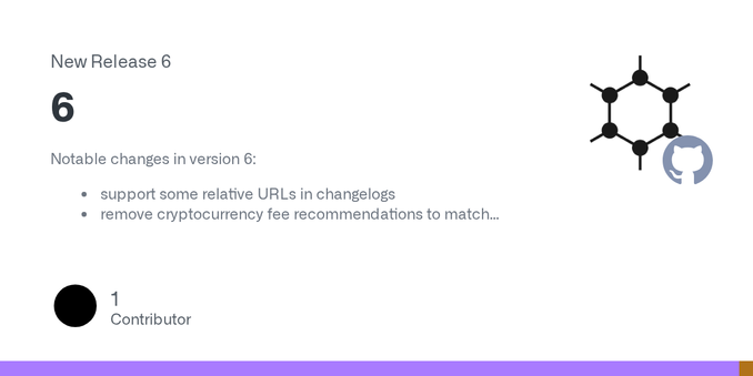 Notable changes in version 6:

support some relative URLs in changelogs
remove cryptocurrency fee recommendations to match current donation page
rename Release Notes to Releases where applicable
en...