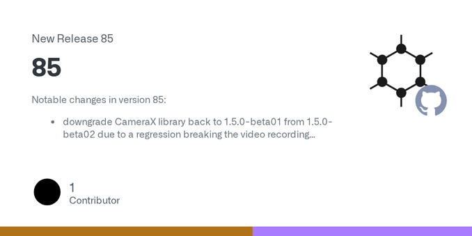 Notable changes in version 85:

downgrade CameraX library back to 1.5.0-beta01 from 1.5.0-beta02 due to a regression breaking the video recording mode in some cases

A full list of changes from the...