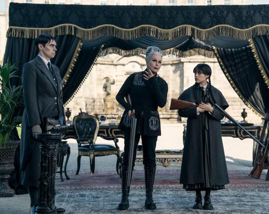 Wednesday. (L to R) Liv Spencer as Varicose, Joanna Lumley as Grandmama, Jenna Ortega as Wednesday Addams in episode 206 of Wednesday. Cr. Bernard Walsh/Netflix © 2025
