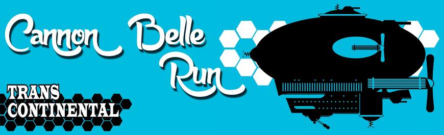 Trans-Contiental: Cannon Belle Run by E. Chris Garrison Pictured: a stylized steampunk airship silhouette against a blue background with hexagonal clouds.
