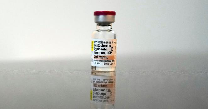 A vial of Testosterone Cypionate Injection photographed in Columbus, Ohio, on  Jan. 18, 2024. (AP Photo/Carolyn Kaster)