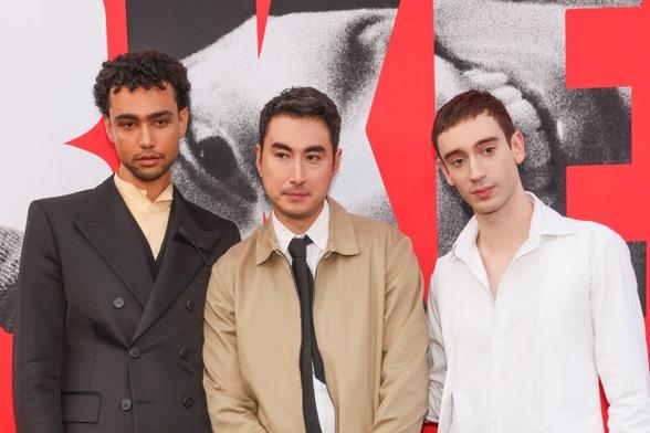 LOS ANGELES, CALIFORNIA - AUGUST 20: (L-R) Archie Madekwe, Alex Russell and Theodore Pellerin attend the premiere of Mubi's "Lurker" at Vista Theatre on August 20, 2025 in Los Angeles, California. (Photo by Paul Archuleta/Getty Images)