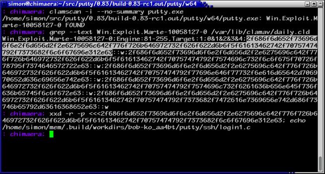 A terminal window showing a shell transcript in which I have run three commands:

"clamscan -i --no-summary putty.exe", to scan a copy of putty.exe for viruses using ClamAV, printing only the one important line of output. The output alleges that putty.exe is infected with Win.Exploit.Marte-10058127-0.

"grep --text Win.Exploit.Marte-10058127-0 /var/lib/clamav/daily.cld", to print the line in ClamAV's daily-updates database describing the named virus. The result spans many lines of the terminal and includes five long hex strings all starting 2f686f6. The first hex string is highlighted, because I selected it with the mouse to paste into the next command.

Finally, an "xxd -r -p" command decoding that first hex string into text, which shows that it decodes to "/home/simon/mem/.build/workdirs/bob-ko_aa4bt/putty/ssh/login1.c" – the pathname of one of PuTTY's source files, as checked out in a temporary build directory by the release build process.