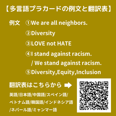 ①We are all neighbors.
日本語：みんな隣人
中国語：我们彼此为邻
スペイン語：Somos todos vecinos
ベトナム語：Chúng ta là hàng xóm với nhau
韓国語：우리는 모두 이웃이다.
インドネシア語：Kita semua adalah tetangga.
ネパール語：हामी सबै छिमेकी हौं।
ミャンマー語：ကျွန်ုပ်တို့အားလုံးသည် အိမ်နီးချင်းများဖြစ်သည်။

②Diversity
日本語：多様性
中国語：多元共生
スペイン語：Diversidad
韓国語：다양성
インドネシア語：Keanekaragaman
ネパール語：विविधता
ミャンマー語：ယဉ်ကျေးမှုမတူကွဲပြားမှု 
ウルドゥー語：تنوع

③ LOVE not HATE
日本語：憎しみではなく愛を
中国語：拒绝仇恨，愿爱长存
スペイン語： Ama, no odies
ベトナム語：Yêu nhau chứ không phải là cãi nhau
韓国語：증오가 아니 라 사랑을
インドネシア語：Jangan membenci, tapi cintai
ネパール語：घृणा होइन माया गर
ミャンマー語：မမုန်းပါနဲ့ ချစ်ပါ

④I stand against racism. / We stand against racism
日本語：人種差別に反対します
中国語：反对种族歧视
スペイン語：Luchamos contra el racismo
ベトナム語：chúng ta phản đối phân biệt chủng tộc
韓国語：나는 인종차별에 맞선다. 우리는 인종차별에 맞선다.
インドネシア語：Kami menentang rasisme.
ネパール語：म जातिवादको विरुद्धमा उभिन्छु।/ हामी जातिवादको विरुद्धमा उभिन्छौं।
ミャンマー語：လူမျိုးရေးခွဲခြားမှုကို ဆန့်ကျင်ပါတယ်။/ လူမျိုးရေးခွဲခြားမှုကို ဆန့်ကျင်ပါတယ်။

⑤Diversity, Equity, inclusion
日本語：多様性、公平性、包容性
中国語：多元、平等、包容
スペイン語：Diversidad, equidad, inclusión
ベトナム語：Đa dạng, Bình đẳng và Hòa nhập
韓国語：다양성, 평등, 포용성
インドネシア語：Keragaman, Kesetaraan, Inklusi
ネパール語：विविधता, समानता, समावेशीकरण
ミャンマー語：မတူကွဲပြားမှု၊ သာတူညီမျှမှု၊ ပါဝင်မှု
ウルドゥー語：  شمولیت ,مساوات , تنوع
