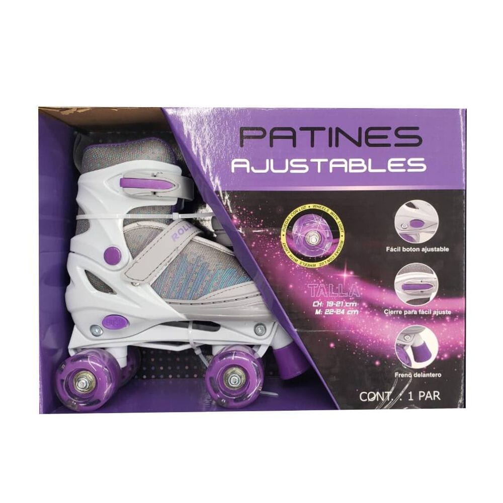 Patines + Kit Protección Niña Deporte Infantil Luces Talla 34 37 Graduables  Morados Ó Fucsias Chicago