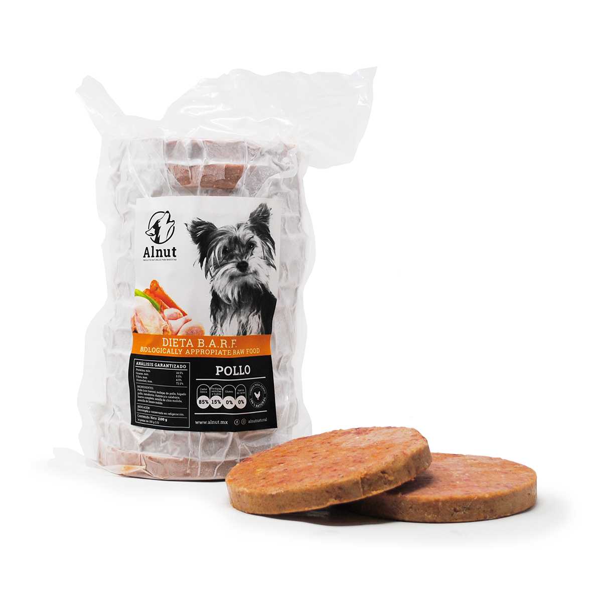 Alnut alimento BARF para perro dieta de pollo 2.10kg (14 piezas de 150g.)
