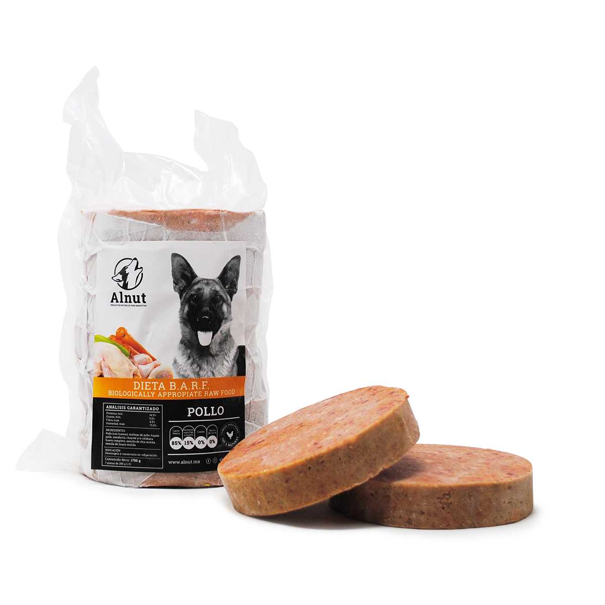 Alnut alimento BARF para perro dieta de pollo 1.75kg (7 piezas de 250g.)