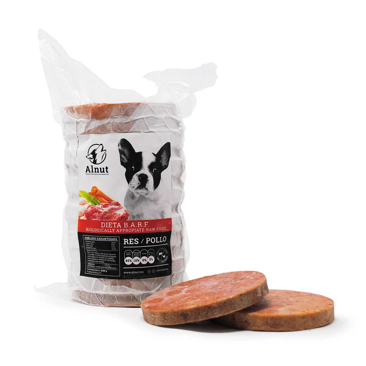 Alnut alimento BARF para perro dieta mixta (res/pollo) 2.10kg (14 piezas de 150g.)