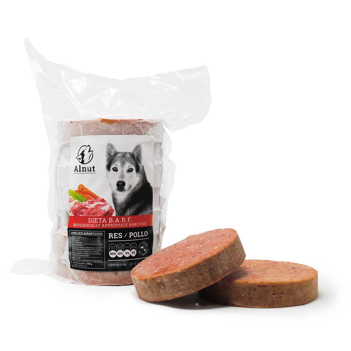  Alnut alimento BARF para perro dieta mixta (res/pollo) 1.75kg (7 piezas de 250g.)