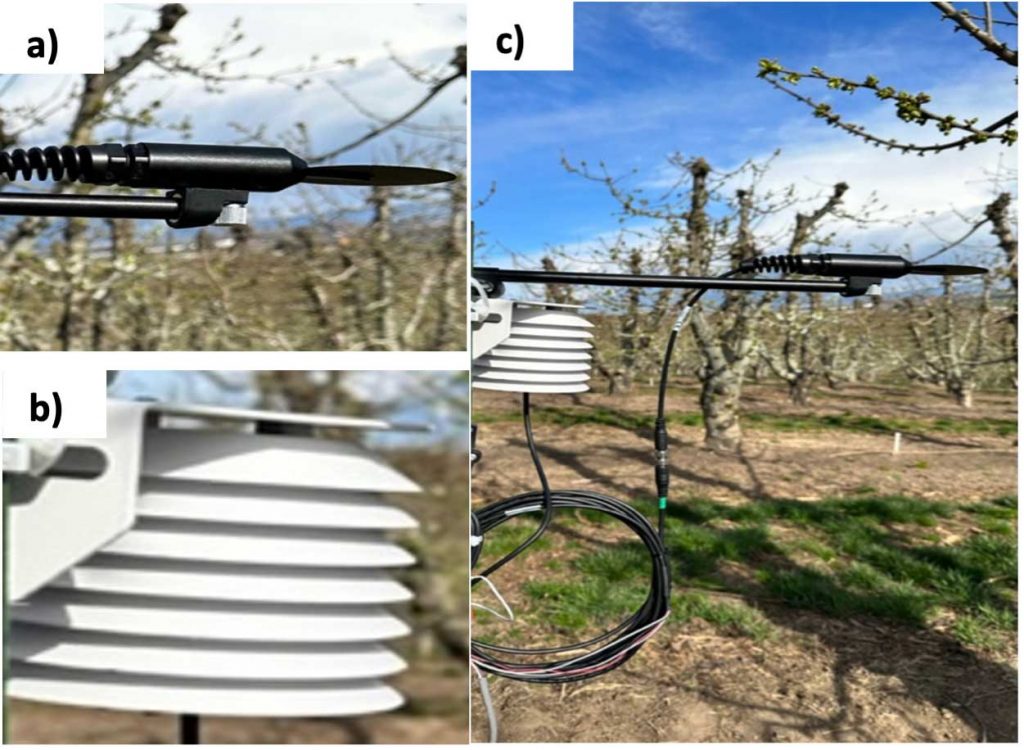 Three pictures. a) close-up of black sensor disk. b) close-up of humidtity probe c) disk and probe connected by a data cable in an orchard