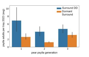 In 2023 plots with Surround applications at dormant (before April 3) compared to delayed dormant or later had lower psylla numbers (from 19 plots). April 3, 2023 taps of 7 in plots with dormant Surround compared to 24 with no Surround yet applied results in 1-3 psylla per tray second and third generation compared to 4-7 where Surround was applied later.