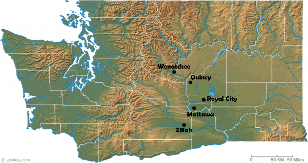 Map of the state of Washington with 5 experimental locations highlighted: Wenatchee, Quincy, Royal City, Mattawa, Zillah