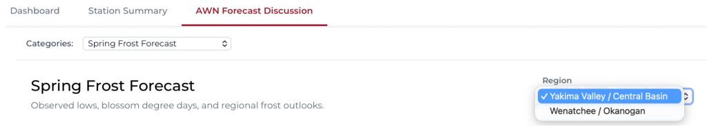 Dashboard of AgWeathernet to select frost forcast