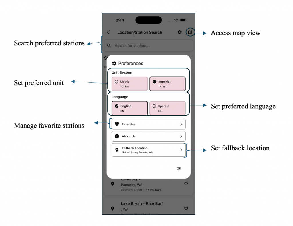 Screenshot of app user preference screen