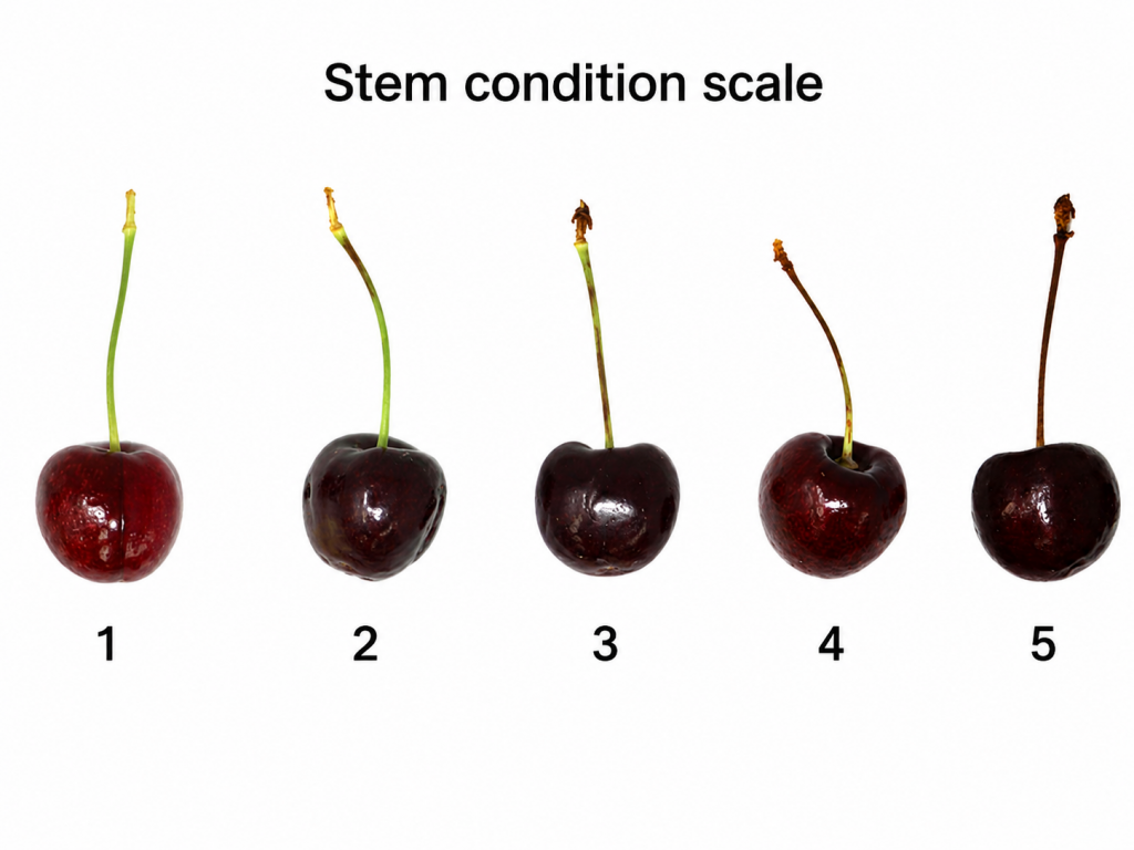 Photo of cherries at each of the five levels on the stem condition scale.