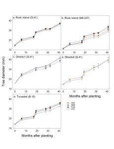 Figure 5. Effect of soil treatments on tree size measured as tree diameter (mm) at 20 cm above the graft union. Figure reprinted from DuPont et al 2026 with author permission. Not for re-distribution. Note: BSM = Brassicaceae juncea-Sinapis alba seed meal; ASD = anaerobic soil disinfestation; NTC = no-treatment control; FUM = fumigation. (Reprinted from [5].)