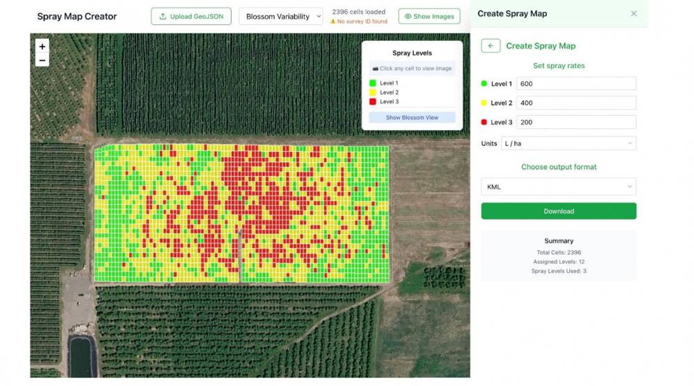 Aerial photo of an orchard with tiny-colour coded squares describing spray intensity