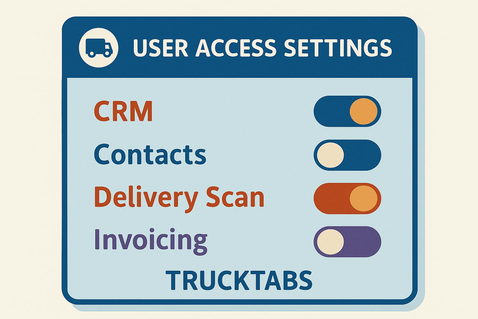 Illustration of Trucktabs user access settings with blue theme and toggle switches for features.