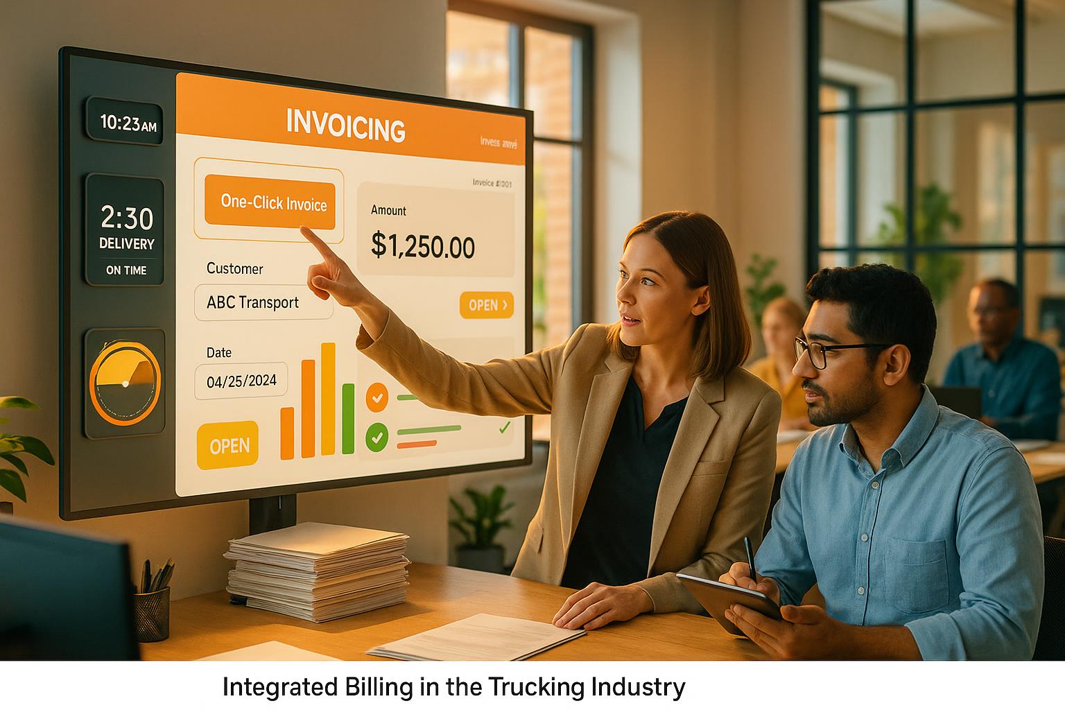 Diverse team of professionals collaborating over a digital invoicing screen in a modern office.