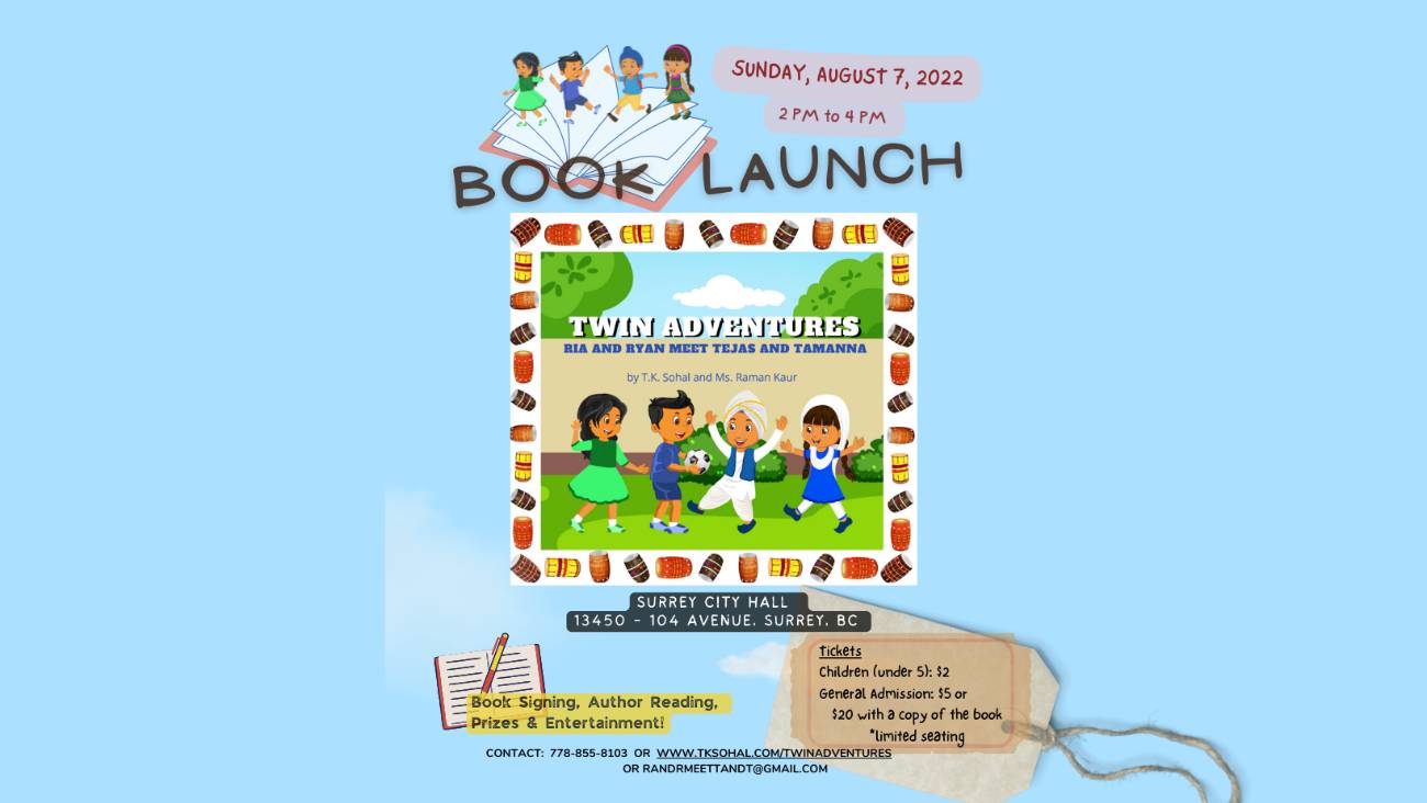 Children's Book Launch: Twin Adventures on Sunday August 7, 2022 at Surrey City Hall