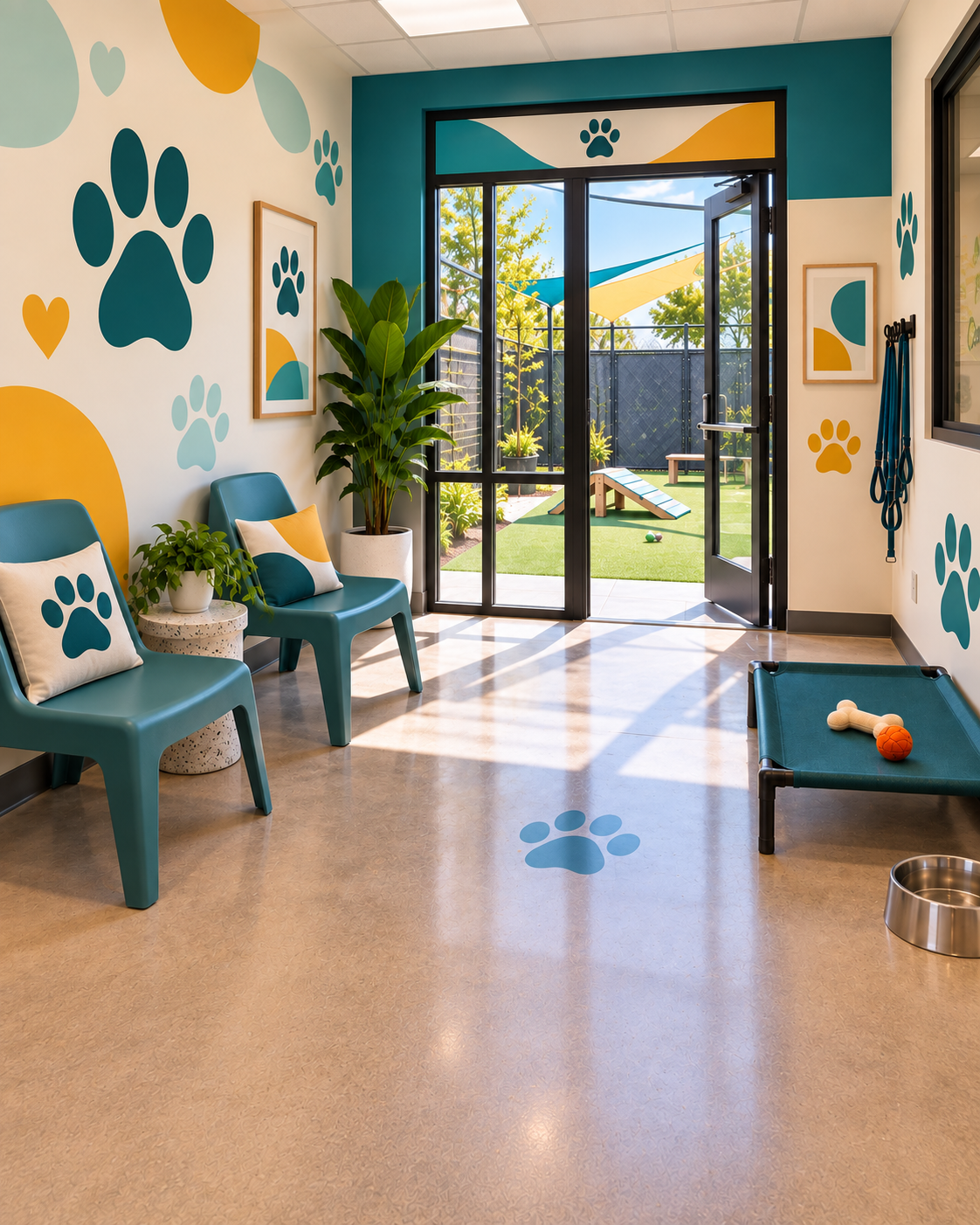 Concept image of an indoor meet-and-greet room with outdoor access