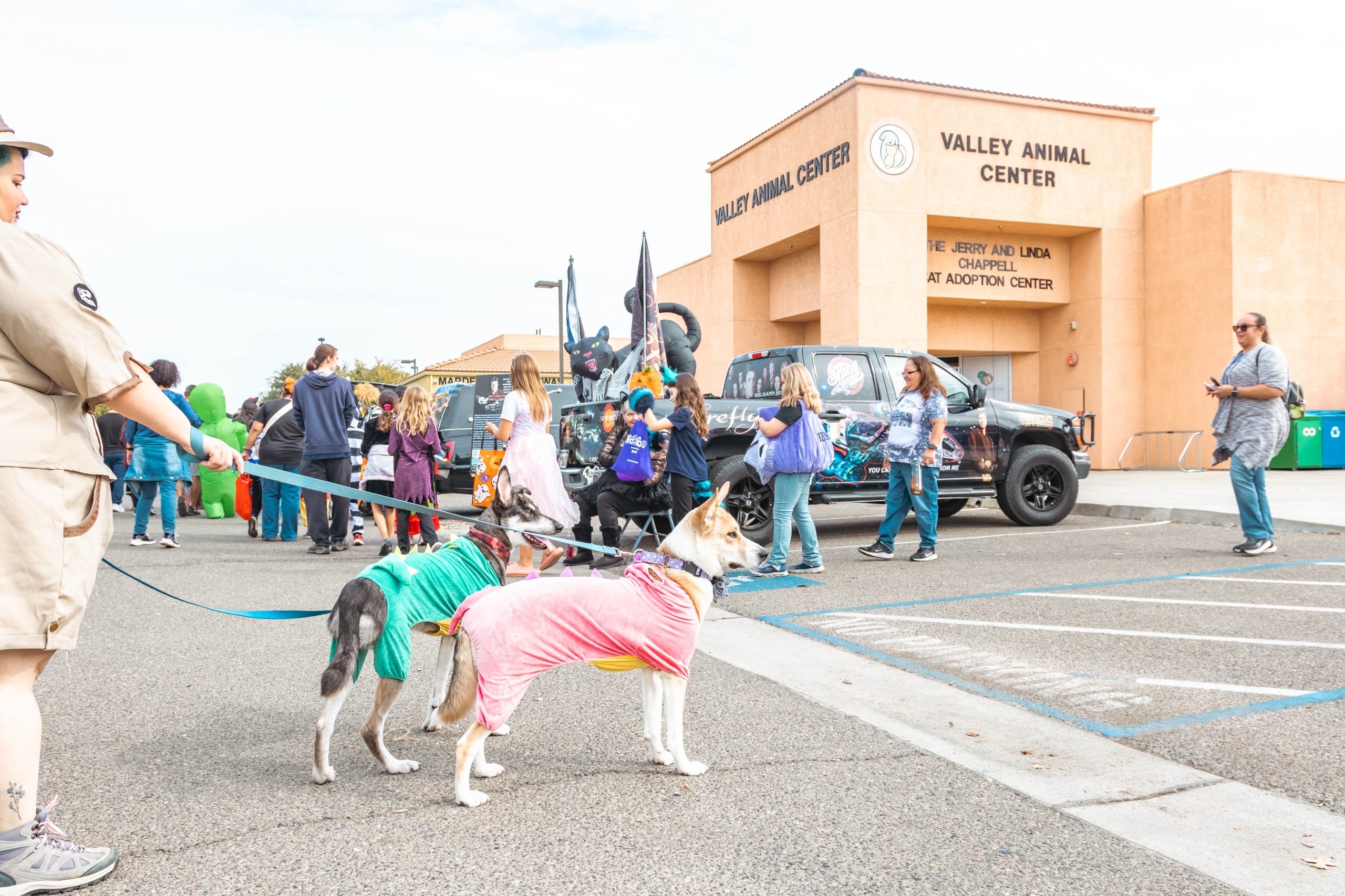 Two dogs in colorful costumes outside Valley Animal Center during Trunk-or-Treat