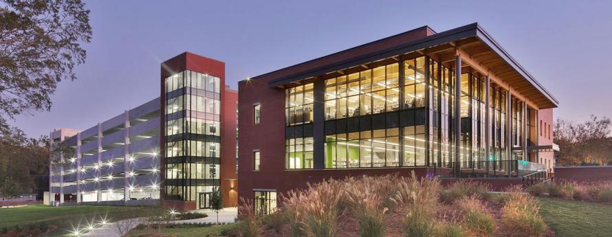 Cary Regional Library exterior at sunset