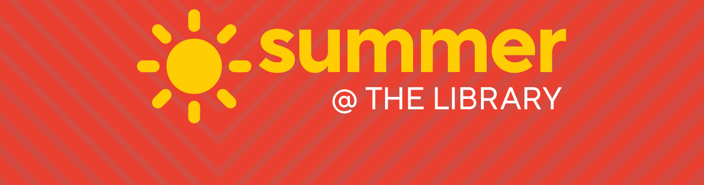 Summer at tht the library red banner with yellow text
