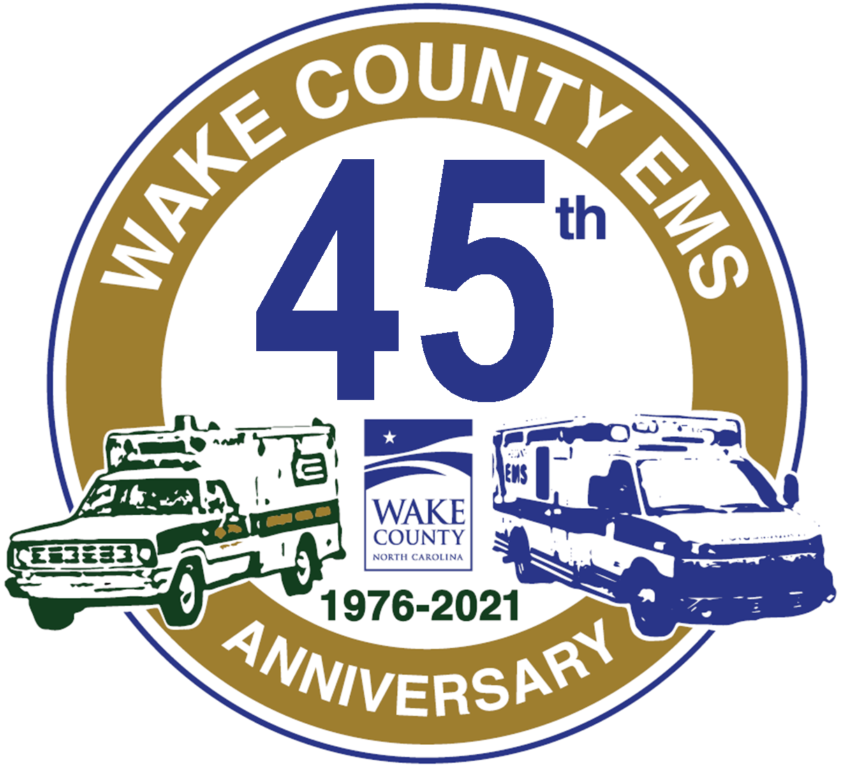 Wake County EMS 45 Anniversary logo featuring a 1976 ambulance and a modern ambulance