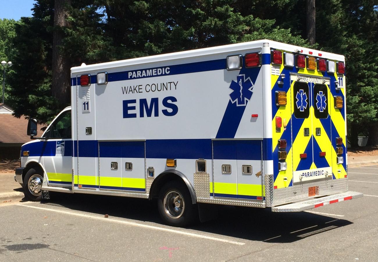 Ambulance parked under a tree in a park