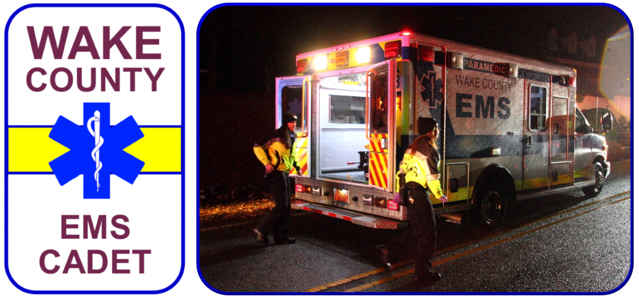 EMS Cadet logo with ambulance at night