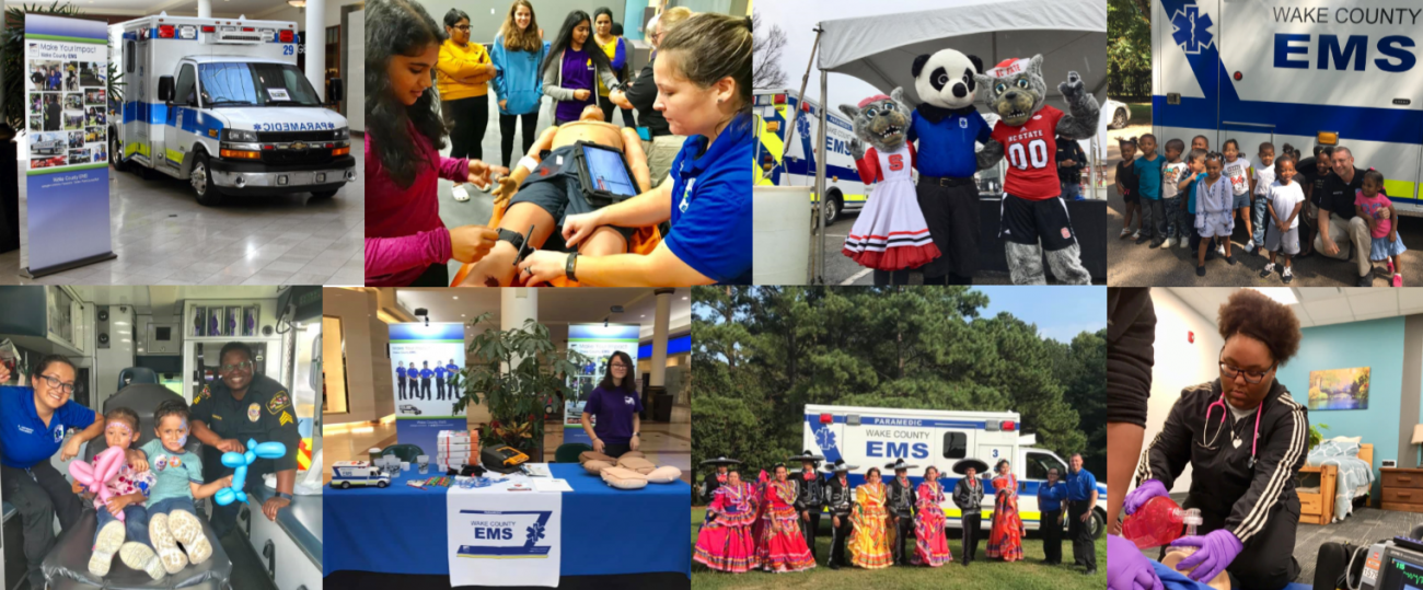 Collage of paramedics interacting with children and sports mascots at various public relations events